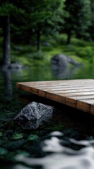 Fototapeta premium A wooden dock sits in a body of water, with a large rock nearby