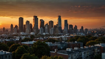 Obraz premium Urban sunset with city skyline.