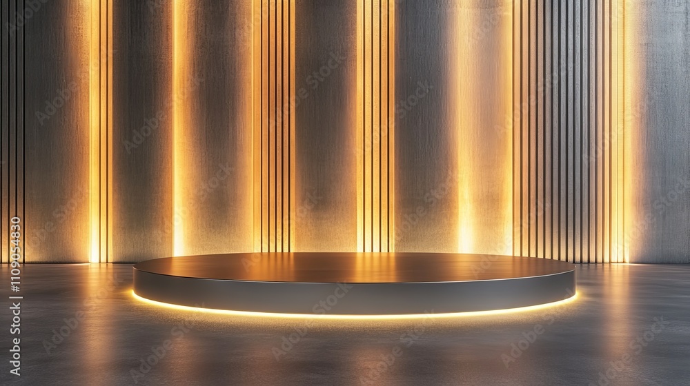 Poster a modern stage with illuminated circular platform and vertical lighted panels, ideal for presentatio