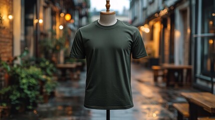 Obraz premium A 3D mockup of a sleeveless olive T-shirt on a mannequin, displayed in front, side, and back views, ideal for apparel presentations.
