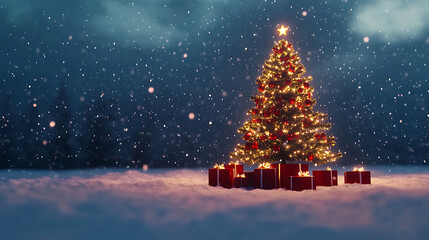 Obraz premium festive Christmas tree adorned with glowing lights and gifts, creating magical winter scene