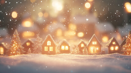 Fototapeta premium glowing Christmas village scene with snow and warm lights