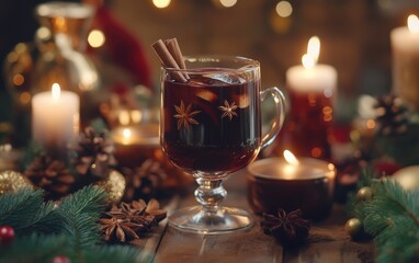 Warm spiced beverage with cinnamon sticks and star anise surrounded by candles and festive decor