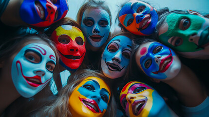 A diverse group of people posing playfully for a picture, each wearing colorful masks that cover their faces. The atmosphere is cheerful and lighthearted, with a fun and vibrant vibe.