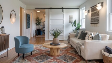 Fototapeta premium Stylish Modern Living Room with Cozy Décor and Natural Elements. Experience contemporary comfort in this inviting living room featuring a stylish sofa, a chic coffee table, and vibrant plant...