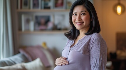 Southeast asian pregnant woman, middle-aged motherhood, cozy home interior, radiant expecting woman