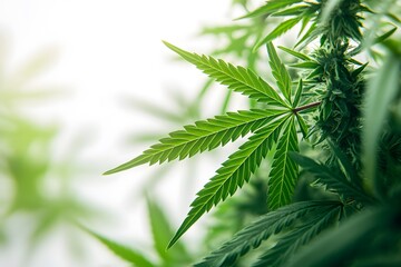 Cannabis Leaf Close-Up: Vibrant green cannabis leaf in detailed close-up, showcasing its intricate texture and natural beauty.  A perfect image for medical cannabis,  hemp, or nature-related projects.