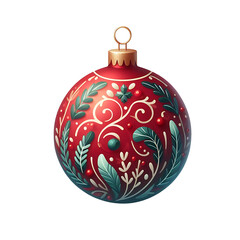 Realistic Beautiful Red Christmas Ball with Leaves Painted on it