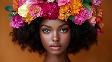 Naklejka premium A woman with striking features displays an elaborate floral crown
