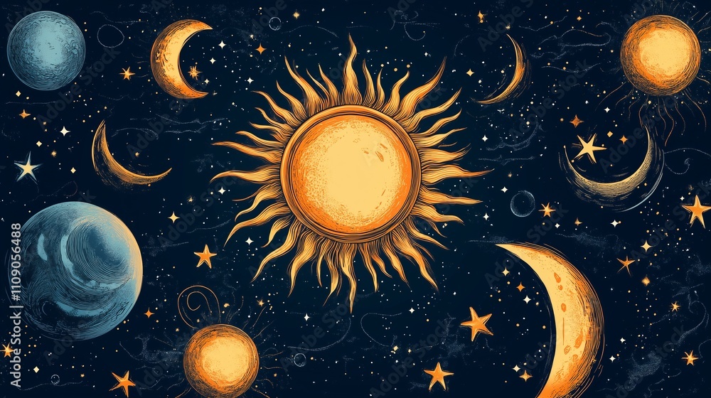 Poster celestial pattern with suns moons and stars on a dark background