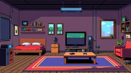 Pixel art game room, bedroom with video game consoles, background in retro style for 8 bit game,
