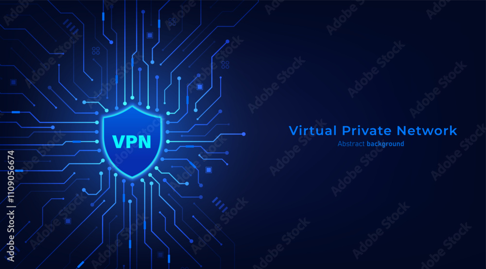 Leinwandbilder VPN. Virtual private network icon on a circuit board background. Concept of secure VPN connection, cyber security technology and privacy. Vector illustration.