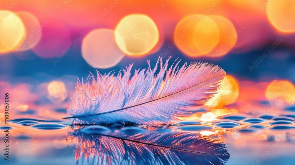 Poster soft feather on reflective surface with bokeh lights
