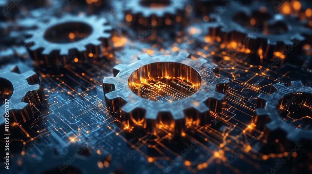 Poster interconnected gears and circuitry symbolizing synergy