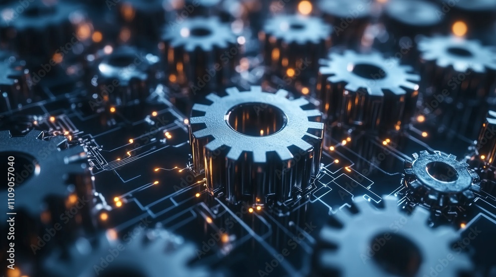 Poster interconnected gears and circuitry symbolizing synergy