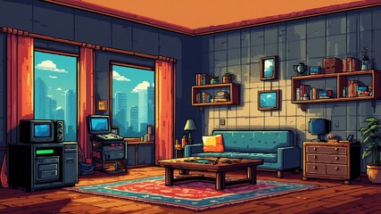 Fototapeta premium Pixel art game room, bedroom with video game consoles, background in retro style for 8 bit game, 