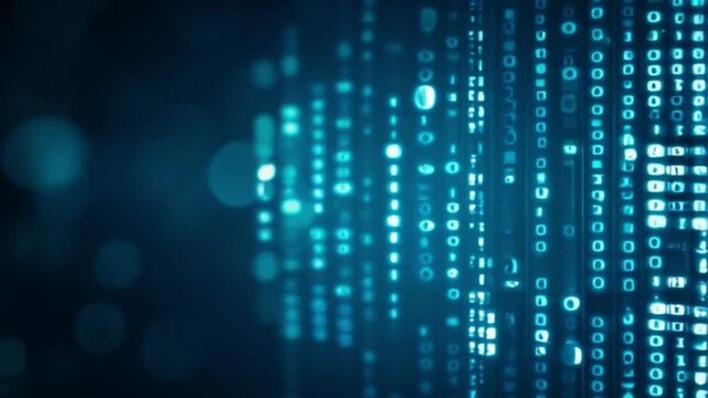 Blurred abstract background with binary code and bokeh light effects. Represents the flow of information and digital data streams.