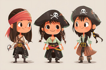 Three cute pirate characters in playful attire, showcasing a whimsical design style.