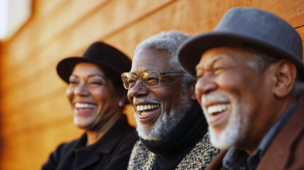 Happy mature African American men bonding over laughter and good times, lifelong elderly buddies appreciating joys of aging gracefully together