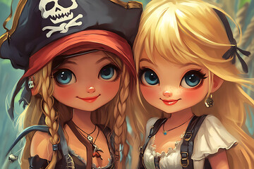 Fototapeta premium Two cheerful pirate-themed girls with large eyes and playful expressions in a vibrant setting.