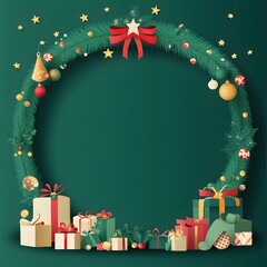 christmas card with christmas tree and gifts Green Christmas round frame background