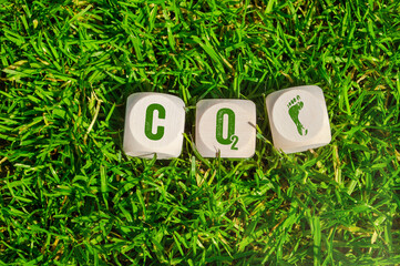 Cubes, dice or blocks in green grass showing the acronym co2 and a footprint metaphor for co2 footprint