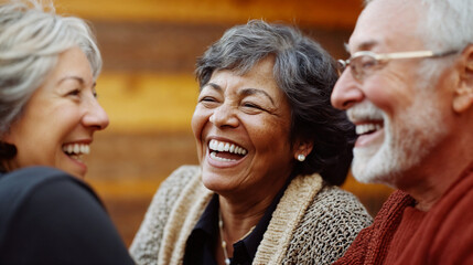 Cheerful diverse older senior friends laughing and enjoying quality time together, multicultural elderly group finding joy in each other's company, healthy retirement