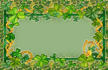 Green fantasy frame for messages, invitations on St. Patrick's Day. Watercolor horizontal template with four leaf clover for good luck, magic games, networks, fairy tales, book titles, scrapbooking