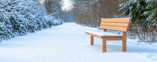 A serene winter scene featuring a wooden bench along a snowy path, surrounded by trees, creating a peaceful and picturesque atmosphere.