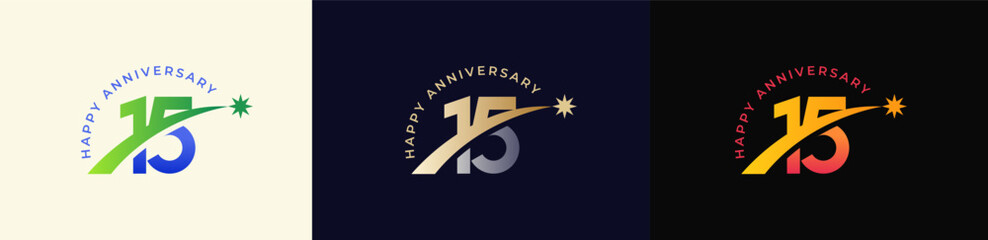 Logo Anniversary with Rising star 15th, 15th Happy Anniversary with Colorful Gradient, Luxury Gold and Silver.