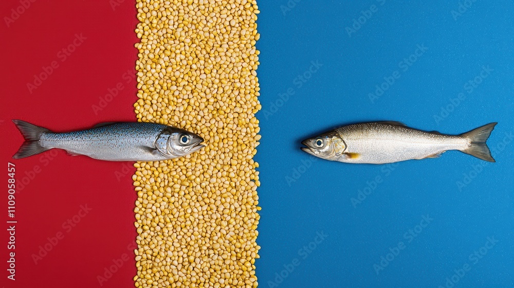 Poster Fresh Fish Displayed on Colorful Background with Corn Kernels
