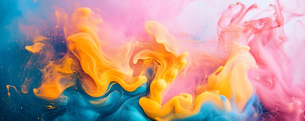 Fototapeta premium Abstract Swirls of Pink, Yellow, and Blue Ink in Water
