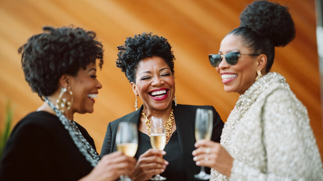 Stylish mature African American women enjoying champagne at elegant party, fashionable older ethnic black friends celebrating in style at fancy gathering