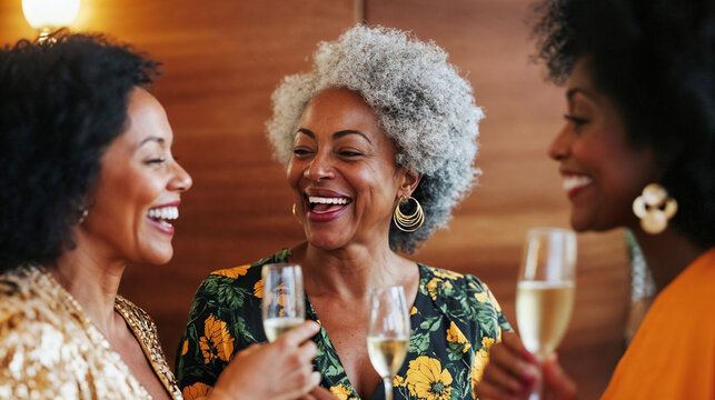 Stylish mature African American women enjoying champagne at elegant party, fashionable older ethnic black friends celebrating in style at fancy gathering