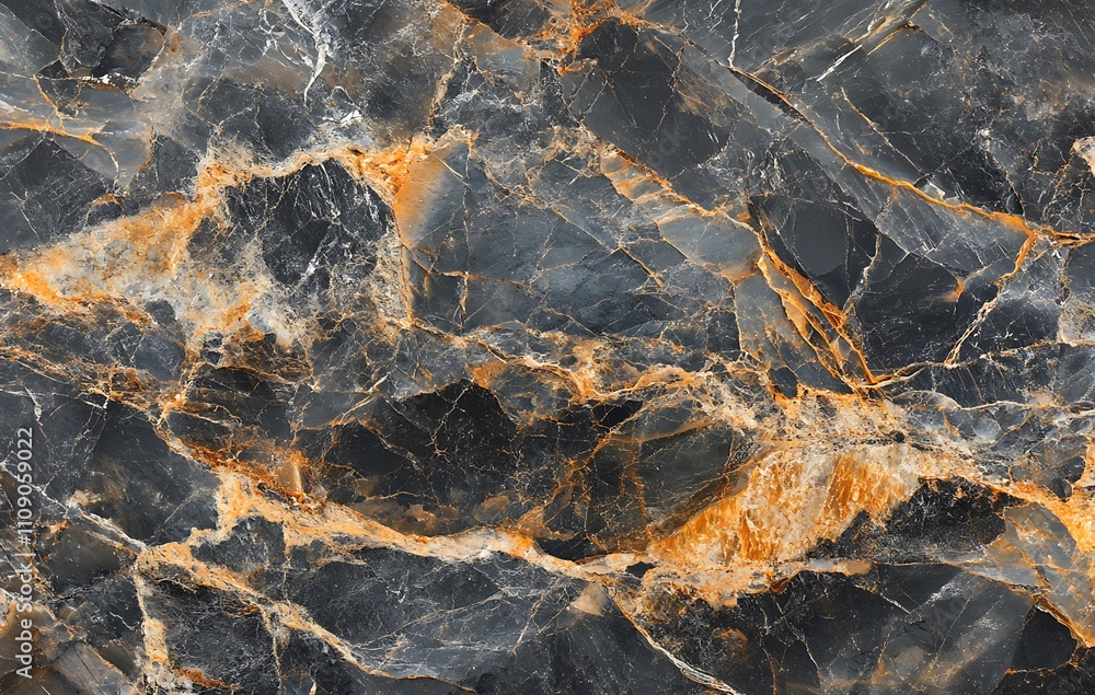 Poster a close-up of a dark, textured stone surface featuring intricate patterns of gray and orange veins, 