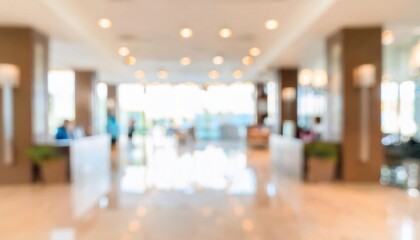 Fototapeta premium Bright Modern Office Lobby Interior. Spacious, Minimalist Reception Area with Natural Light, Blurred for Corporate Presentation, Hospitality Design, or Real Estate Showcase Concept
