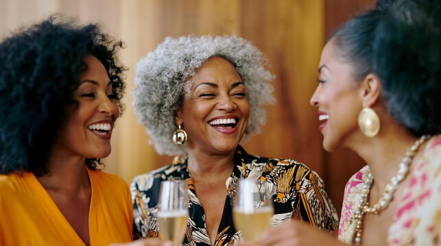 Stylish mature African American women enjoying champagne at elegant party, fashionable older ethnic black friends celebrating in style at fancy gathering