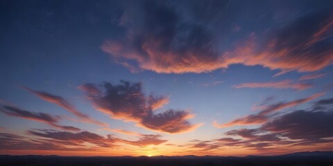 Fototapeta premium Cobalt blue sky with thin orange cirrostratus clouds at dusk, warm orange color, clear blue sky, nature photography