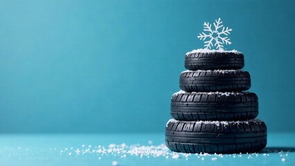 Tires are stacked on top of each other in shape of christmas tree with a snowflake on top. Blue light background, copy space. Christmas concept for auto service, auto repair businesses