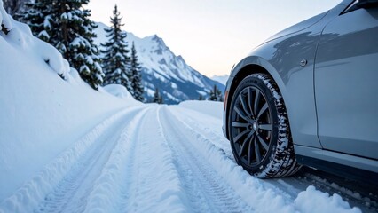 Close up of a tires of a car driving on the snow road, snow mountains on the background, copy space