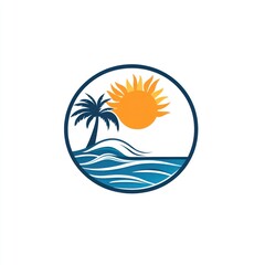 Obraz premium Tropical beach scene with sun, palm tree, and ocean waves in a circle.
