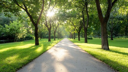 Fototapeta premium Serene nature walk through sunlit trees in a peaceful park setting capturing tranquility