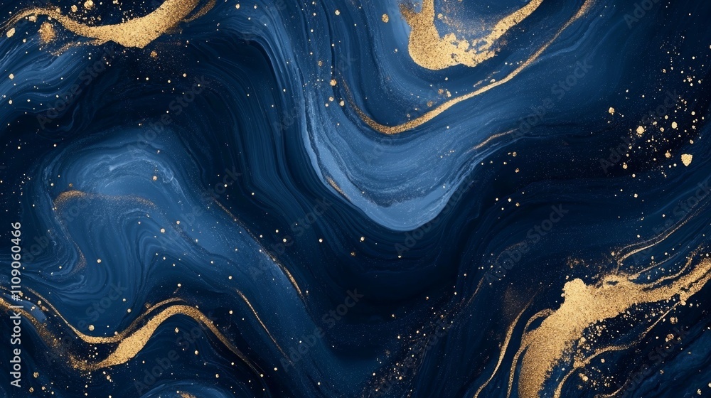 Poster abstract blue and gold marbled design with flowing patterns and textures.