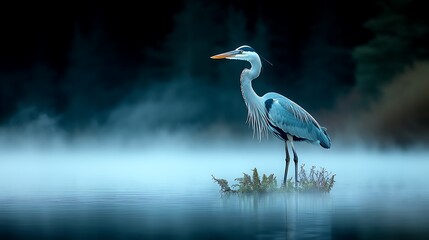 Fototapeta premium Heron fishing at dawn serene wildlife photography in a misty lake environment