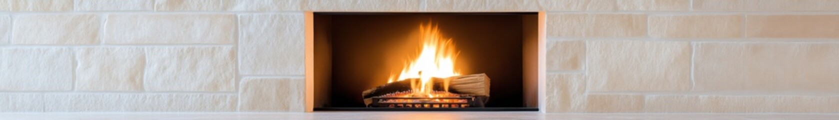 A cozy fireplace with a warm flame, surrounded by light-colored stone walls, creating a welcoming atmosphere for relaxation.