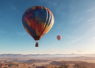 Fototapeta premium Majestic hot air balloon glides effortlessly across the bright blue sky, its vibrant colors glistening in the sunlight, aerial wonder, hot air balloon