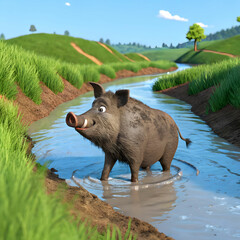 A 3D cartoon depicting a wild pig wading through muddy terrain, featuring vibrant colors