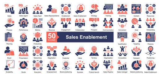 Sales Enablement icon collection set. Containing Sales, Sales agent, Sales Team, Sales Representative, Enablement, Sales Enablement, Strategy, Training, Coaching, Content, Resources, Process, Performa