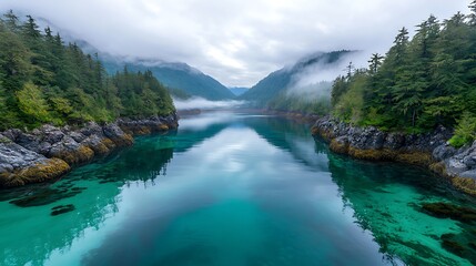 Fototapeta premium Serene nature landscape tranquil waters and lush forests in a remote wilderness area