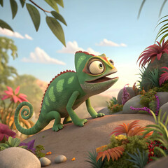 Obraz premium A 3D cartoon of a chameleon changing color to camouflage itself in its environment
